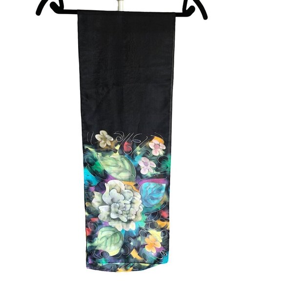 HANDMADE Probably Silk Scarf Black Colourful Flowers Floral Painted Women’s Flaw - Picture 1 of 13
